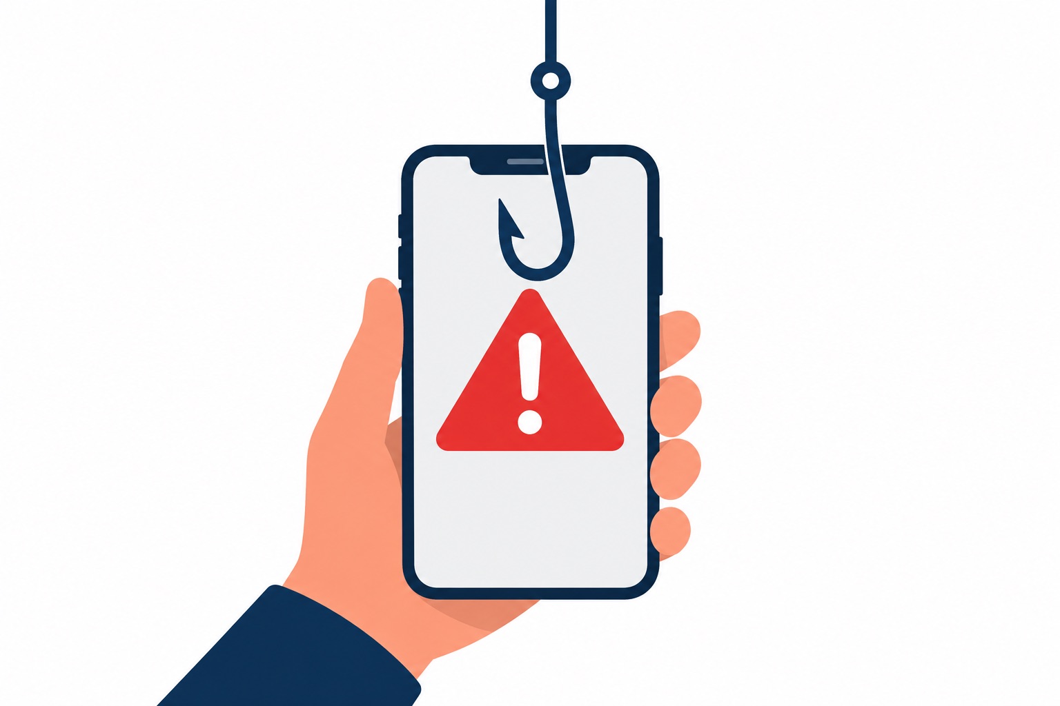 Phone showing a scam warning with a fishing hook